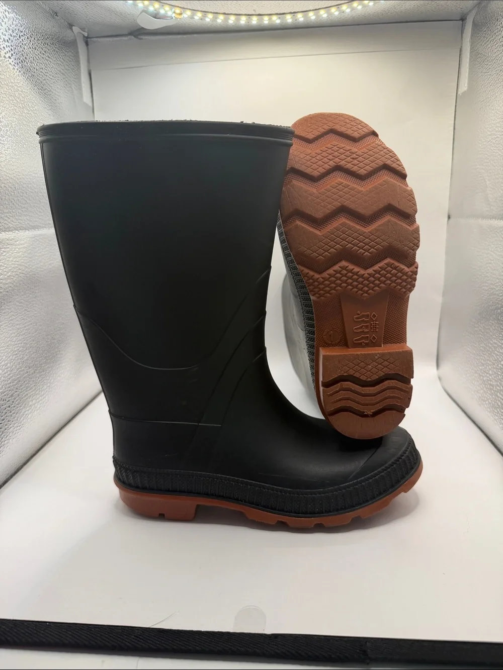 Kids Black Rubber Rain Boots with Brown Sole